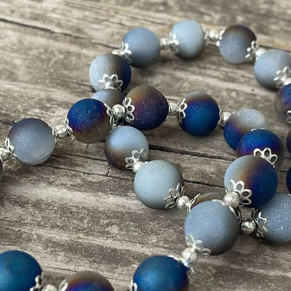 Druzy Peacock Aura Agate Crystal 10mm NEW blue purple white gold bracelet ONE st